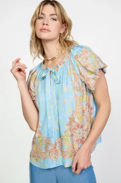 Current Air Short Sleeve Tops-Retro Floral Bubble Sleeve Top SKY