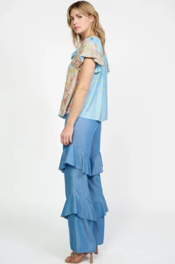 Current Air Short Sleeve Tops-Retro Floral Bubble Sleeve Top SKY