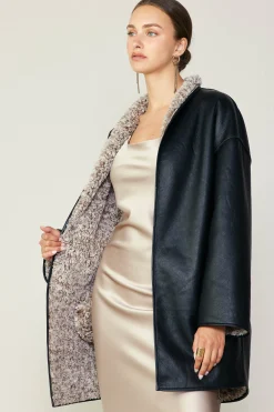 Current Air Coats & Jackets-Reversible Faux Fur & Leather Coat BLACK