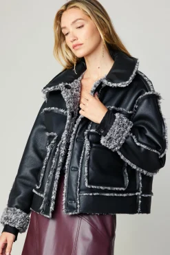 Current Air Coats & Jackets-Reversible Vegan Leather Shearling Jacket BLACK