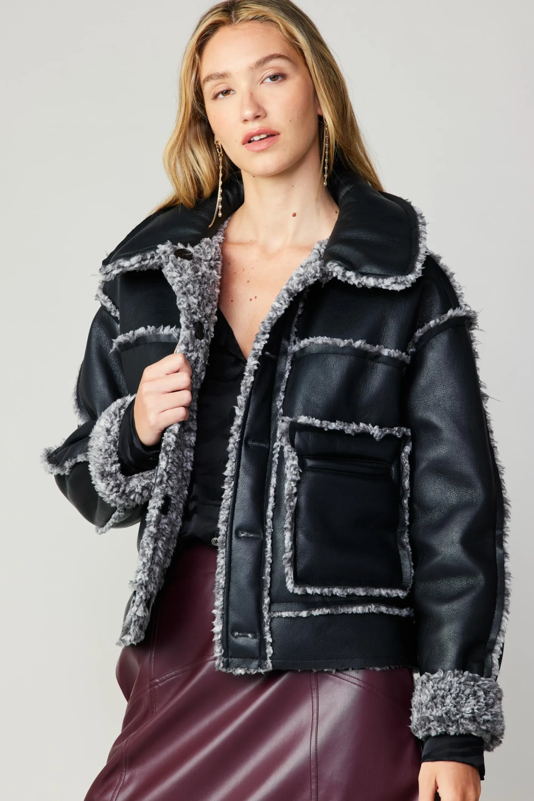Current Air Coats & Jackets-Reversible Vegan Leather Shearling Jacket BLACK