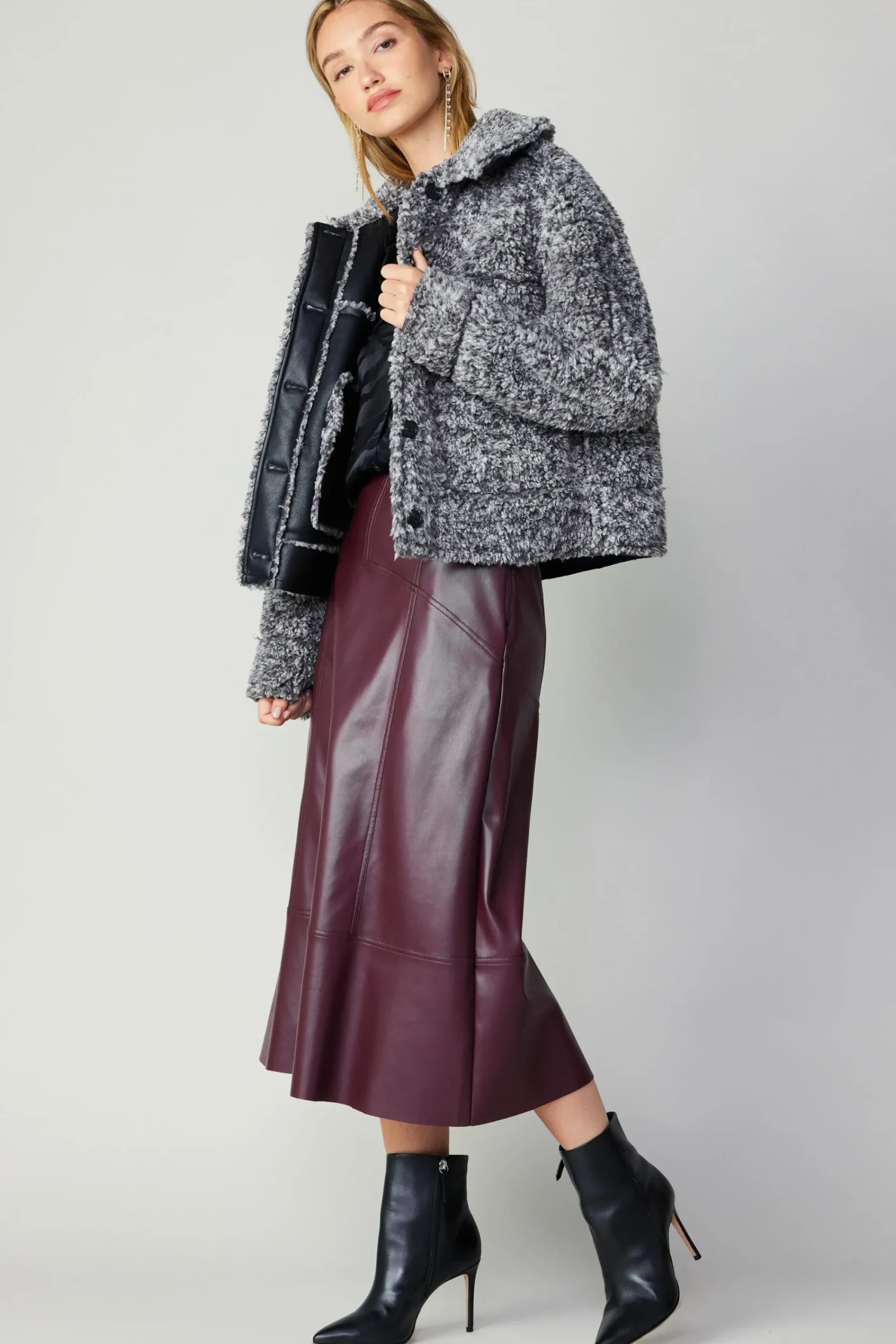 Current Air Coats & Jackets-Reversible Vegan Leather Shearling Jacket BLACK