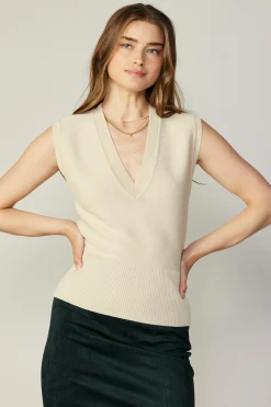 Current Air Sleeveless Tops-Ribbed Collar Sweater Vest BONE