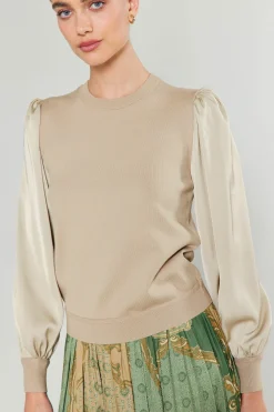 Current Air Knitwear | Sweaters-Ribbed Contrast Sleeve Sweater BEIGE