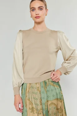 Current Air Knitwear | Sweaters-Ribbed Contrast Sleeve Sweater BEIGE