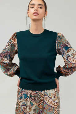 Current Air Knitwear | Sweaters-Ribbed Contrast Sleeve top GREENMLT
