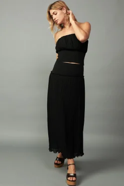 Current Air Skirts-Ribbed Waist Midi Skirt BLACK