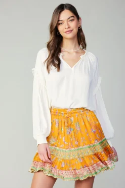 Current Air Long Sleeve Tops-Rope Trim Neckline Blouse CREAM