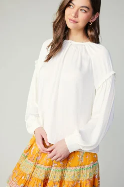 Current Air Long Sleeve Tops-Rope Trim Neckline Blouse CREAM