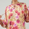 Current Air Long Sleeve Tops-Rosette Patterned Blouse YELLOWREDMLT
