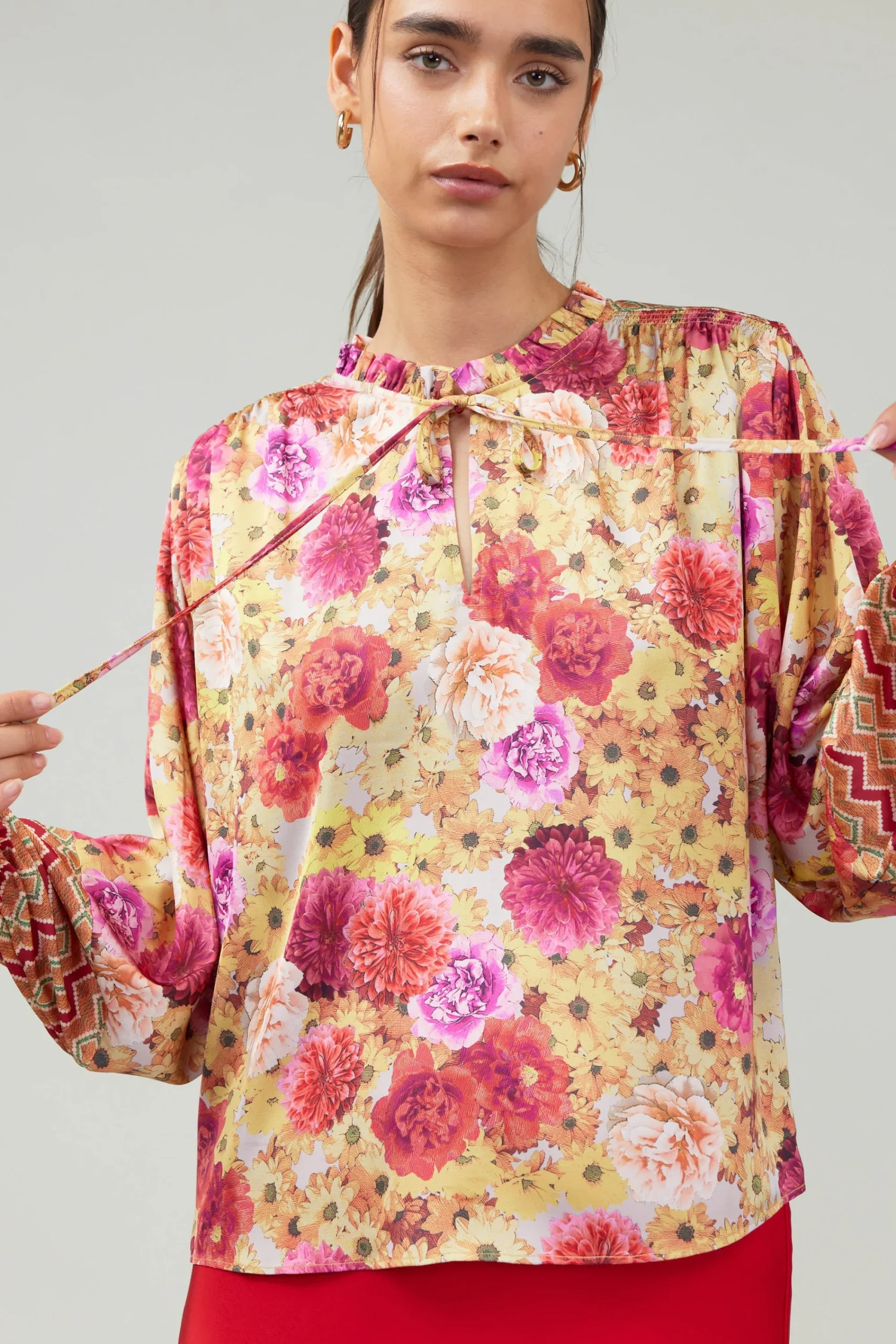 Current Air Long Sleeve Tops-Rosette Patterned Blouse YELLOWREDMLT