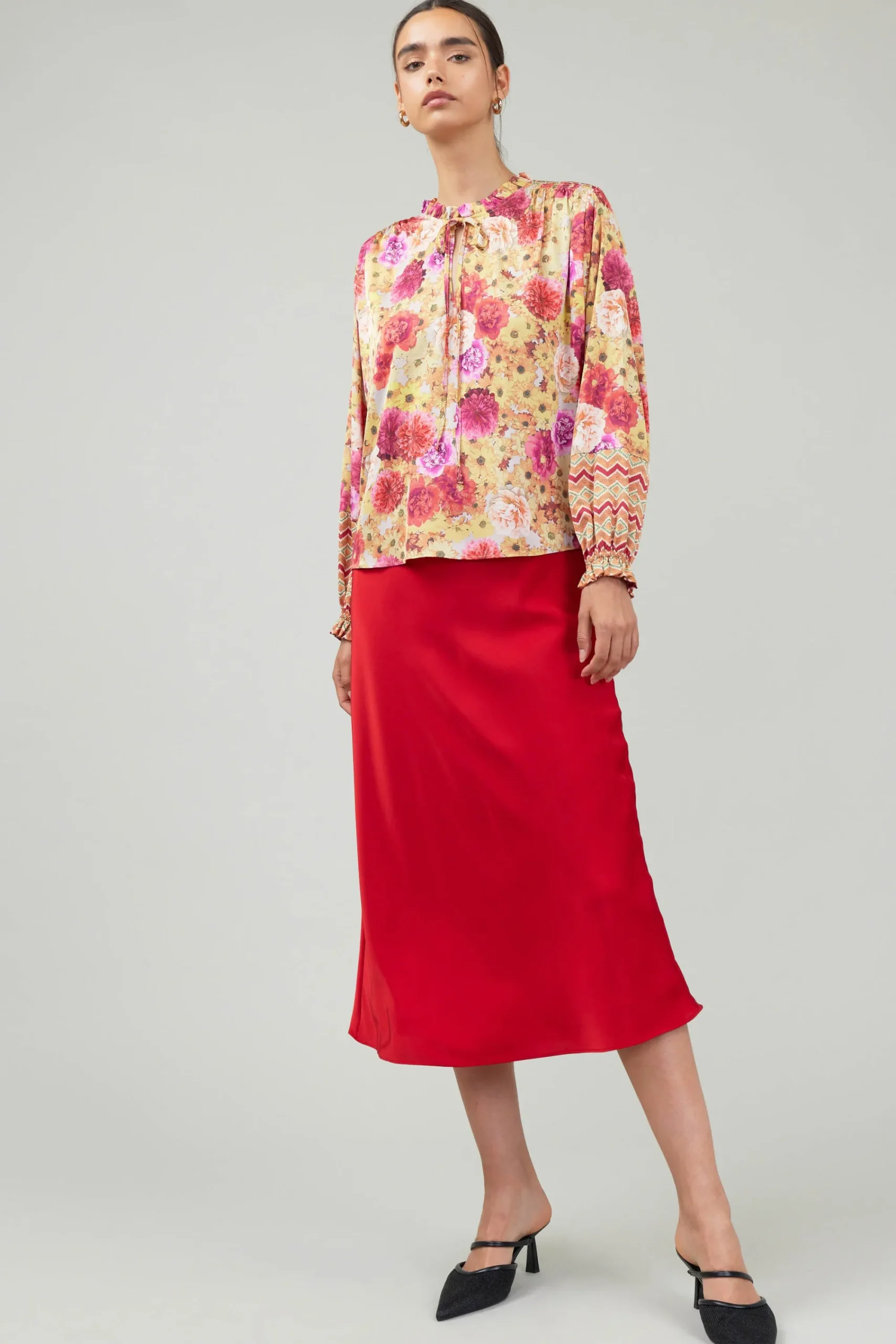 Current Air Long Sleeve Tops-Rosette Patterned Blouse YELLOWREDMLT