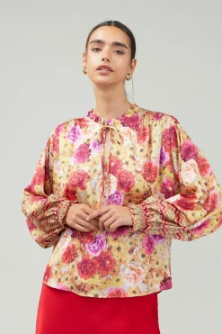 Current Air Long Sleeve Tops-Rosette Patterned Blouse YELLOWREDMLT