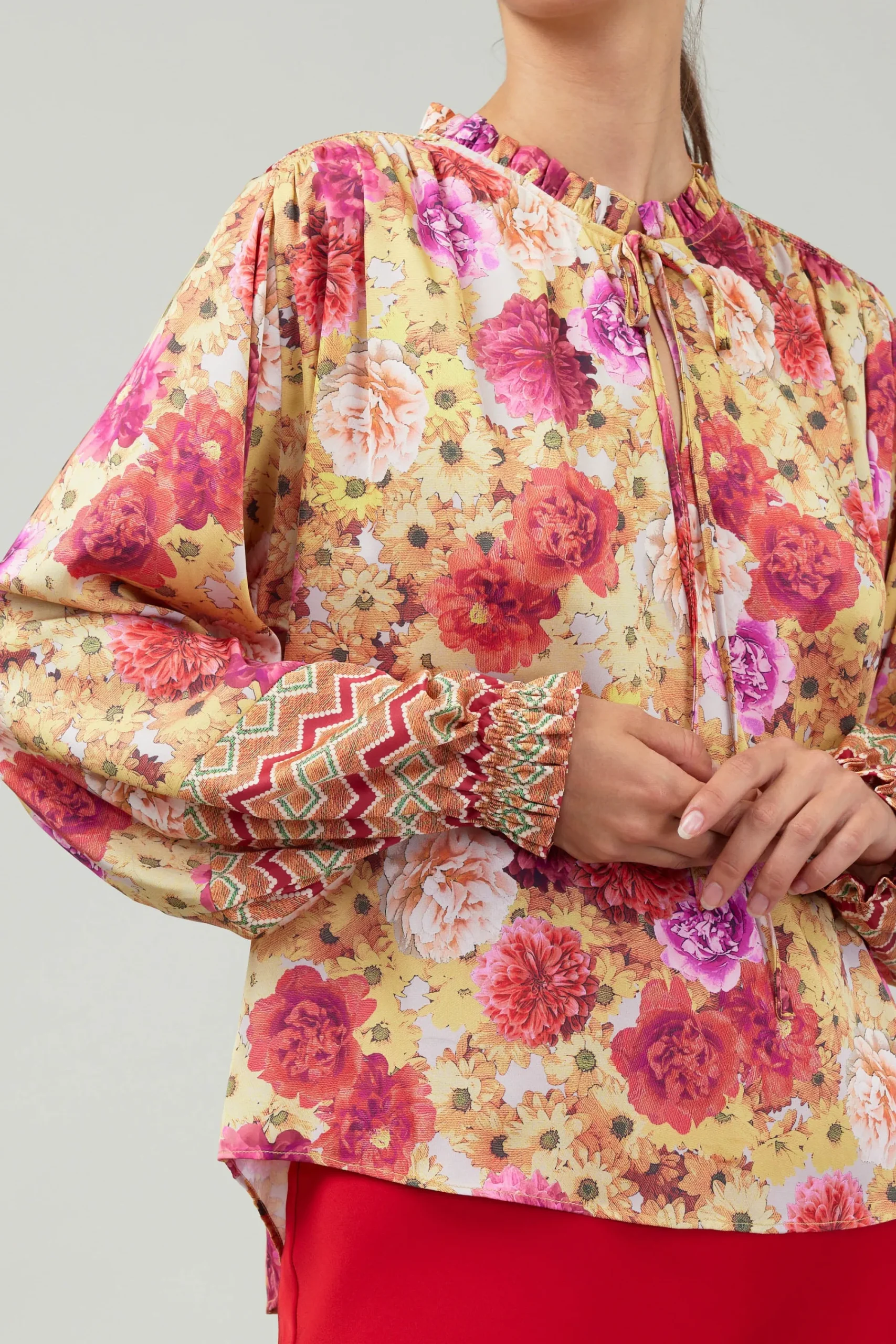 Current Air Long Sleeve Tops-Rosette Patterned Blouse YELLOWREDMLT