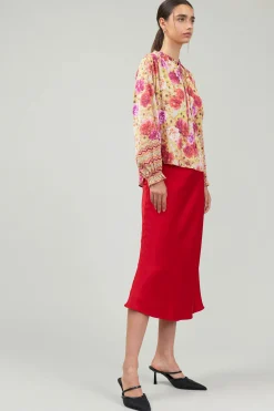Current Air Long Sleeve Tops-Rosette Patterned Blouse YELLOWREDMLT