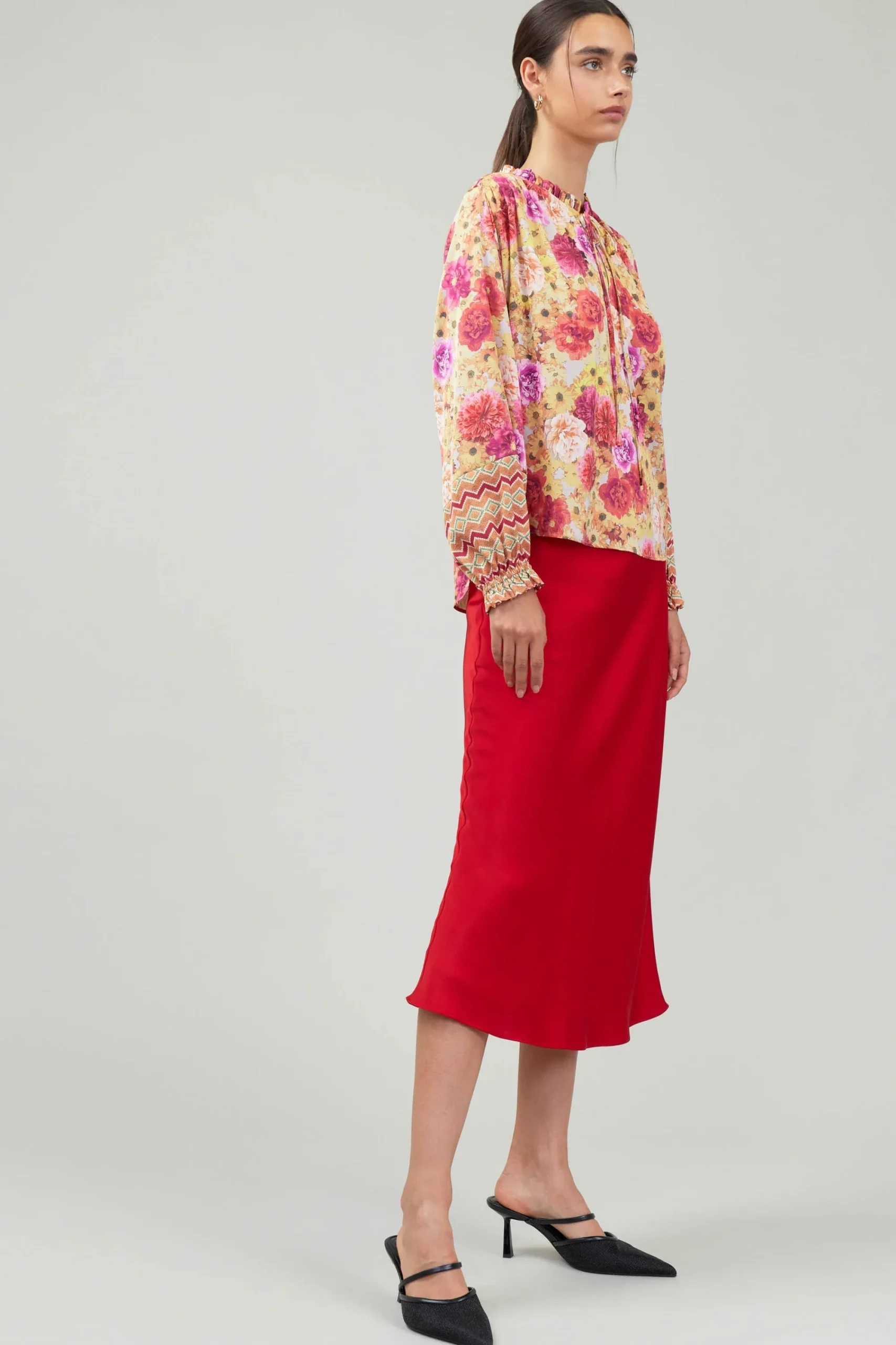 Current Air Long Sleeve Tops-Rosette Patterned Blouse YELLOWREDMLT