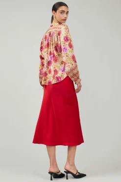 Current Air Long Sleeve Tops-Rosette Patterned Blouse YELLOWREDMLT