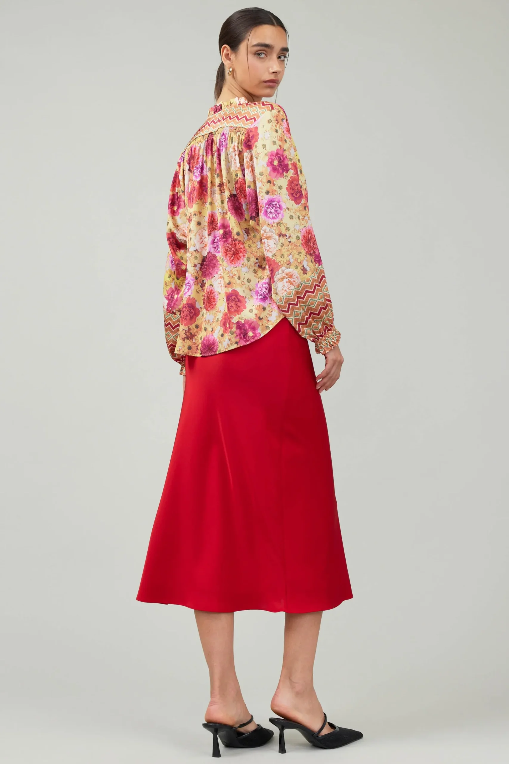 Current Air Long Sleeve Tops-Rosette Patterned Blouse YELLOWREDMLT