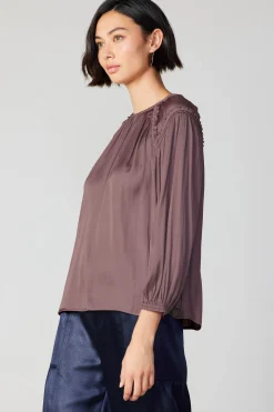 Current Air Long Sleeve Tops-Round Neck Ruffled Top MAUVEBROWN