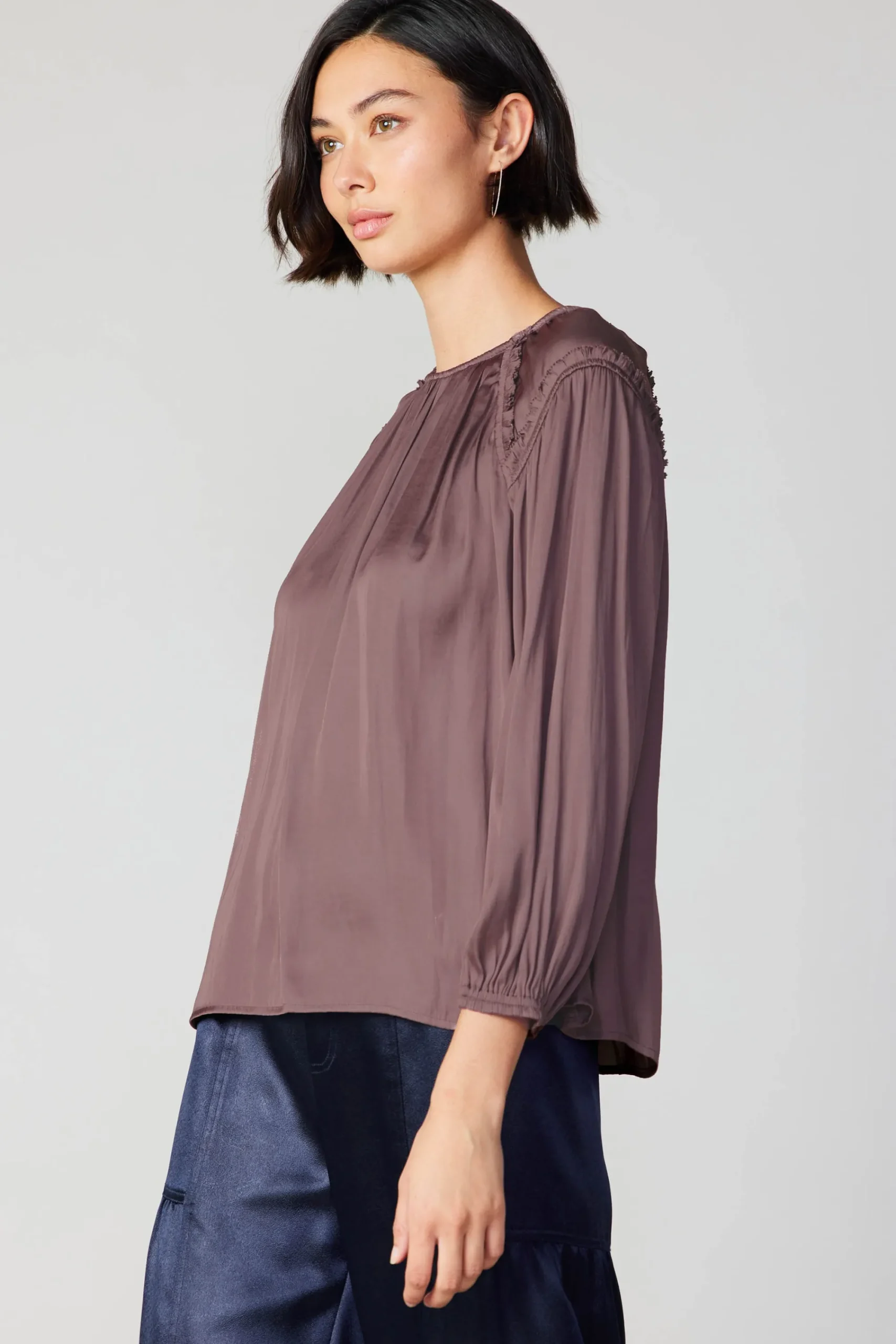Current Air Long Sleeve Tops-Round Neck Ruffled Top MAUVEBROWN
