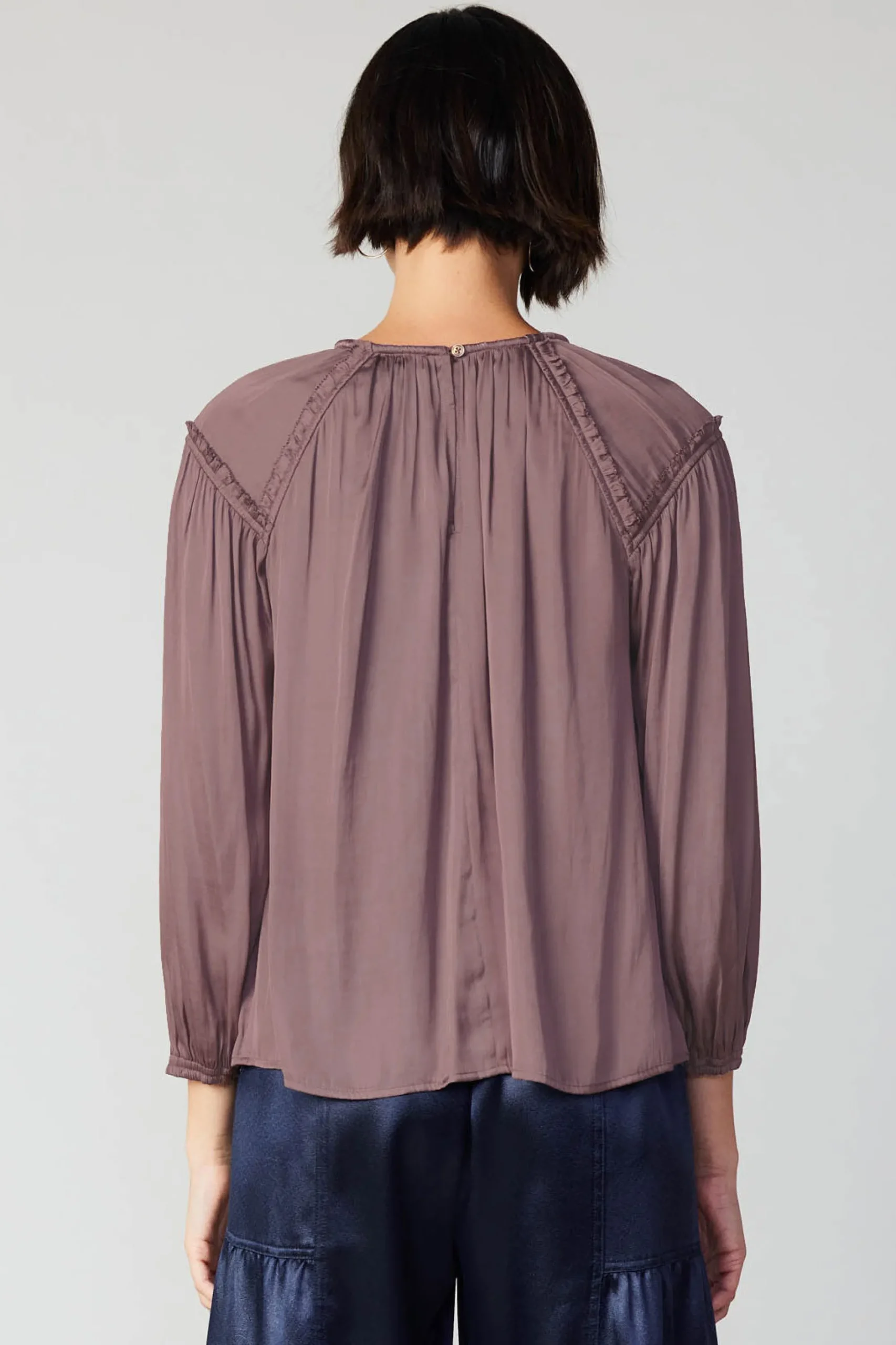 Current Air Long Sleeve Tops-Round Neck Ruffled Top MAUVEBROWN