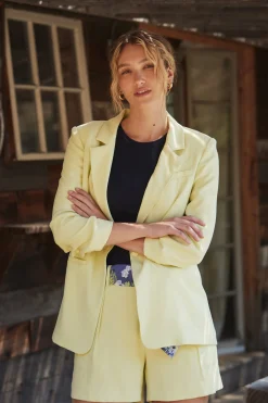 Current Air Coats & Jackets-Ruched Sleeve Blazer LEMON