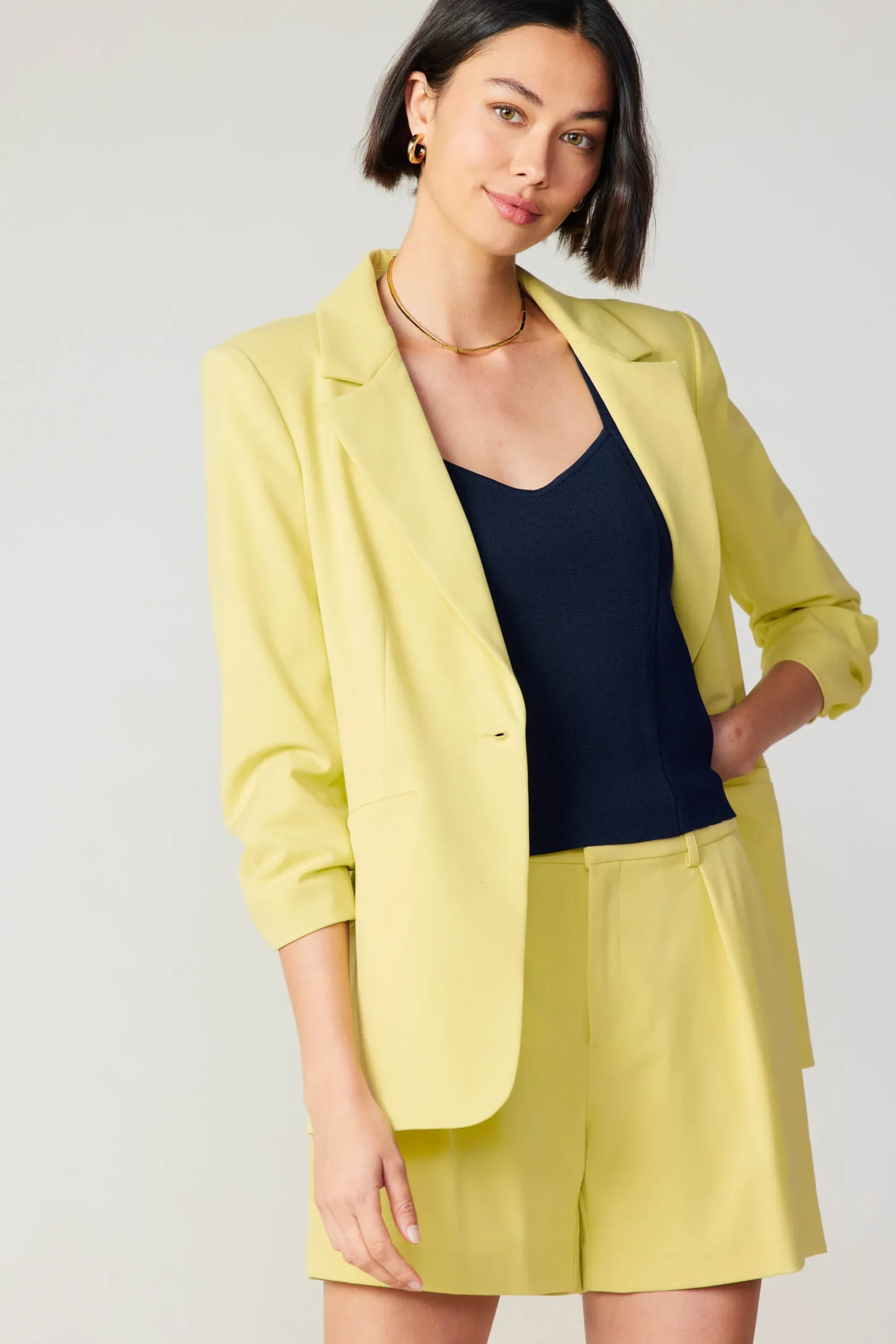 Current Air Coats & Jackets-Ruched Sleeve Blazer LEMON
