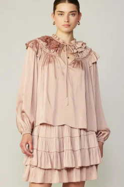 Current Air Long Sleeve Tops-Ruffle Cape Blouse FADEDBLUSH