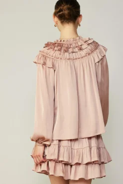 Current Air Long Sleeve Tops-Ruffle Cape Blouse FADEDBLUSH