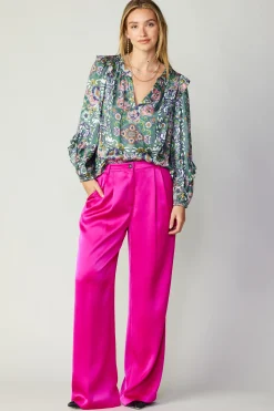 Current Air Long Sleeve Tops-Ruffle Trim Blouse GREENFLORALMLT