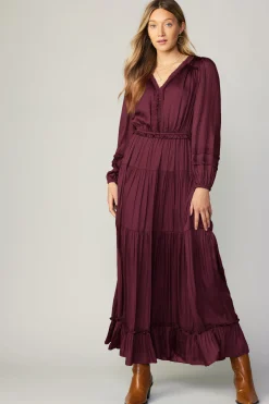 Current Air Maxi Dresses-Ruffle Trim Maxi Dress WINE