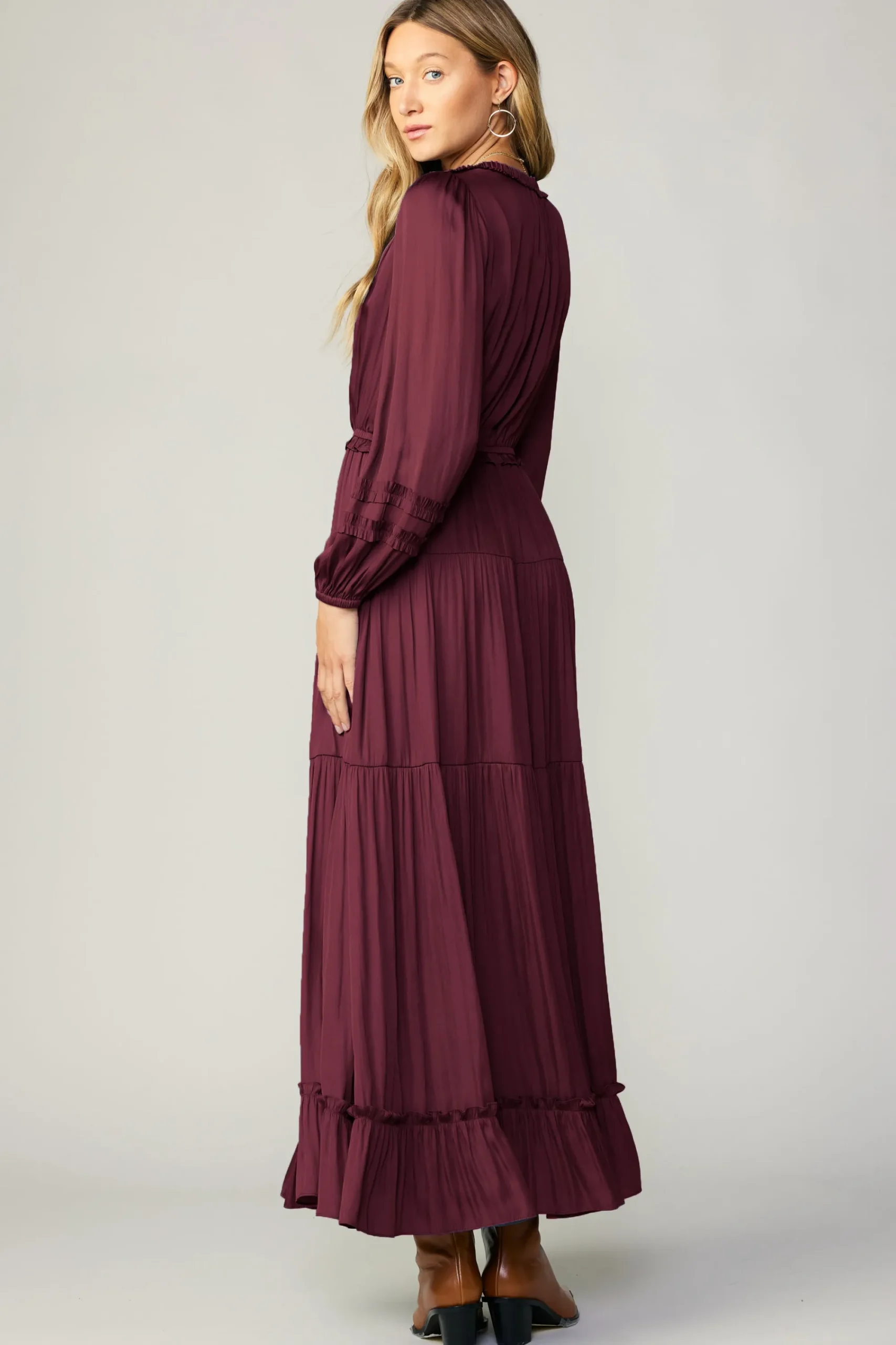 Current Air Maxi Dresses-Ruffle Trim Maxi Dress WINE
