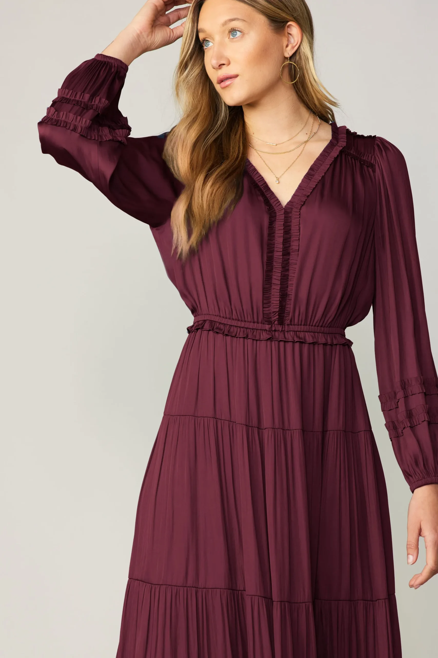 Current Air Maxi Dresses-Ruffle Trim Maxi Dress WINE