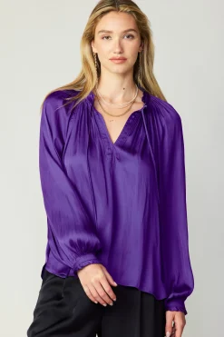 Current Air Long Sleeve Tops-Ruffled Cuff Blouse SPACEPURPLE