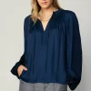 Current Air Long Sleeve Tops-Ruffled Cuff Blouse NAVY