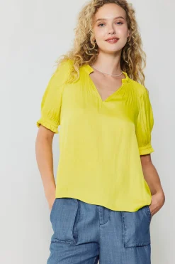 Current Air Short Sleeve Tops-Ruffled Cuff Blouse PINEAPPLE