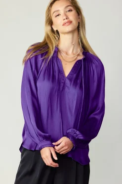 Current Air Long Sleeve Tops-Ruffled Cuff Blouse SPACEPURPLE