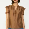 Current Air Short Sleeve Tops-Ruffled Shoulder Blouse BROWN