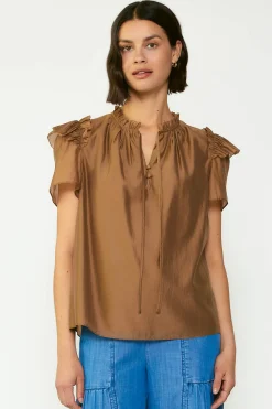 Current Air Short Sleeve Tops-Ruffled Shoulder Blouse BROWN