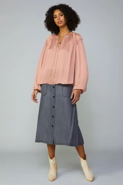 Current Air Long Sleeve Tops-Ruffled Shoulder Blouse DUSTYBLUSH