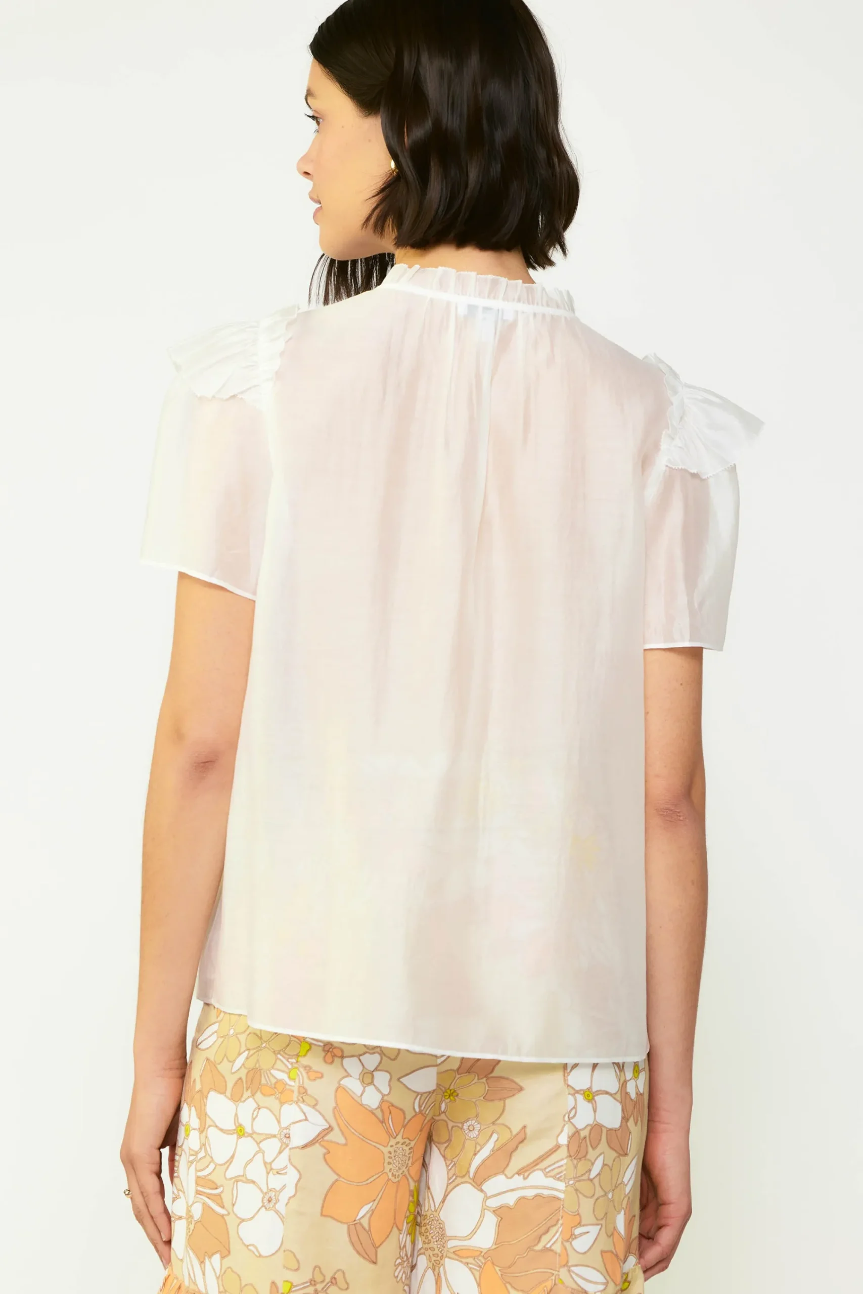 Current Air Short Sleeve Tops-Ruffled Shoulder Blouse WHITE
