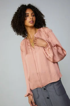 Current Air Long Sleeve Tops-Ruffled Shoulder Blouse DUSTYBLUSH