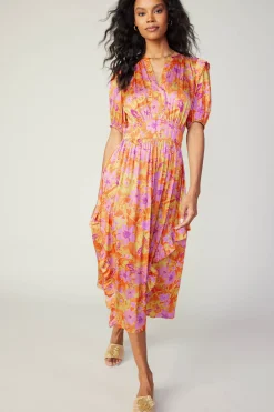 Current Air Midi Dresses-Ruffled Shoulder Floral Midi Dress ORANGEPINK