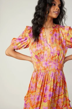 Current Air Midi Dresses-Ruffled Shoulder Floral Midi Dress ORANGEPINK