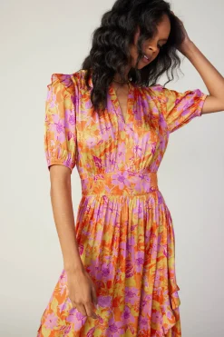 Current Air Midi Dresses-Ruffled Shoulder Floral Midi Dress ORANGEPINK