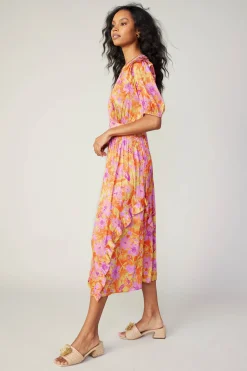 Current Air Midi Dresses-Ruffled Shoulder Floral Midi Dress ORANGEPINK