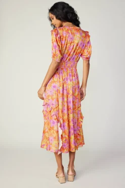 Current Air Midi Dresses-Ruffled Shoulder Floral Midi Dress ORANGEPINK