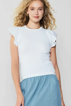 Current Air Knitwear | Sleeveless Tops-Ruffled Shoulder Knit Tank WHITE