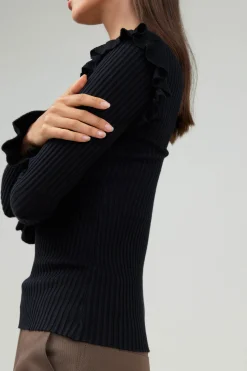 Current Air Knitwear | Long Sleeve Tops-Ruffled Shoulder Top BLACK