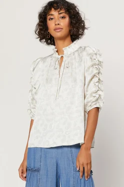 Current Air Long Sleeve Tops-Ruffled Sleeve Jacquard Top IVORY